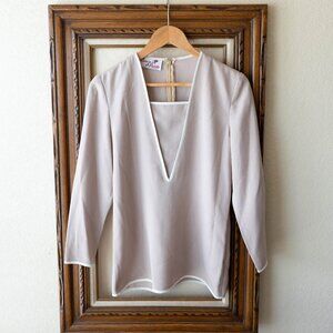Vintage Caron Petite Blouse Size Small 70s Minimalist Tunic Top with Deep V Neck